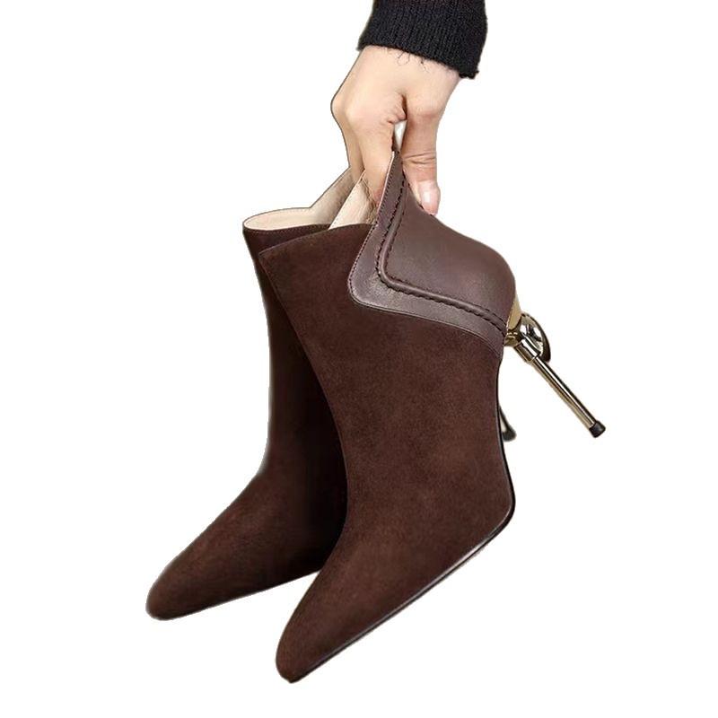 Soft Leather Pointed Short Boots Women's Thin Heels 2025 Autumn and Winter New Temperament High Heel Short Women's Boots Frosted Leather Splicing B