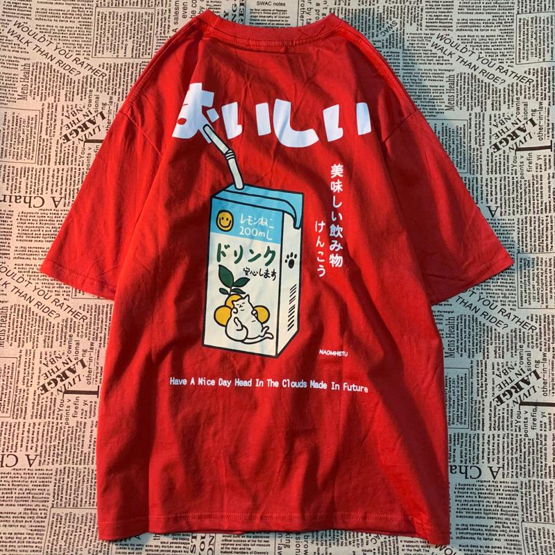 Niedliches Japanisches Katzenmuster Übergroßes T-Shirt Damen Herren Kurzarm Locker Lässiges T-Shirt Streetwear Oberteile Baumwolle Harajuku Kleidung