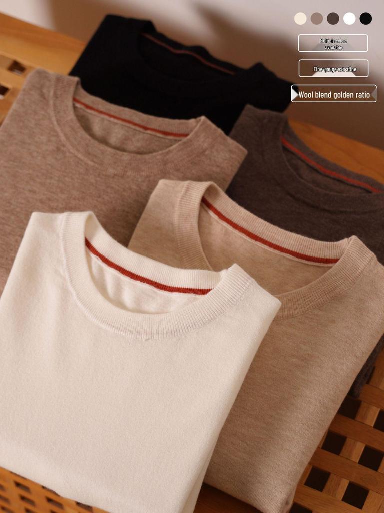 Men's Casual Round Neck Knit Wool Sweater - Autumn/Winter Solid Color Pullover Base Layer Top.