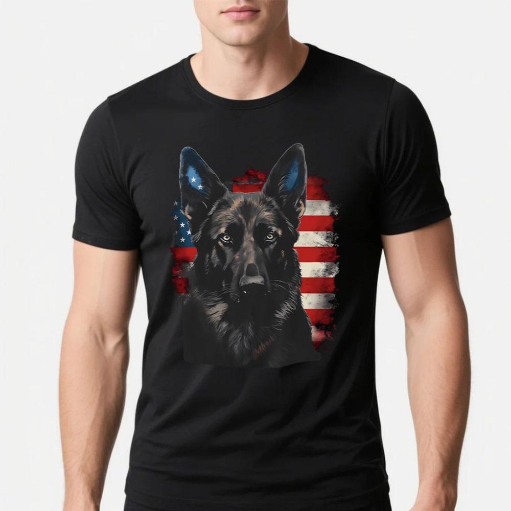 Patriotic Black German Shepherd Men Tshirt American Flag Dog Gifts TShirt Summer Fashion Breathable Retro Street Man Tops