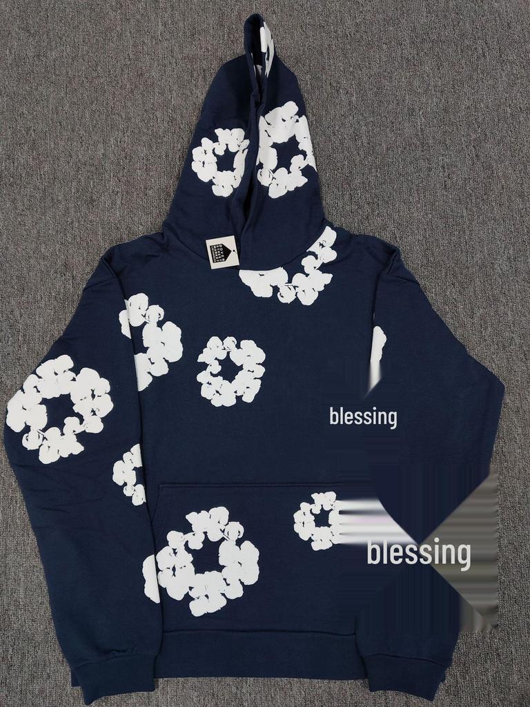 Schwerer Baumwoll-Denim-Hoodie mit Blumenmuster - Trendige amerikanische Streetwear-Jacke für Herren