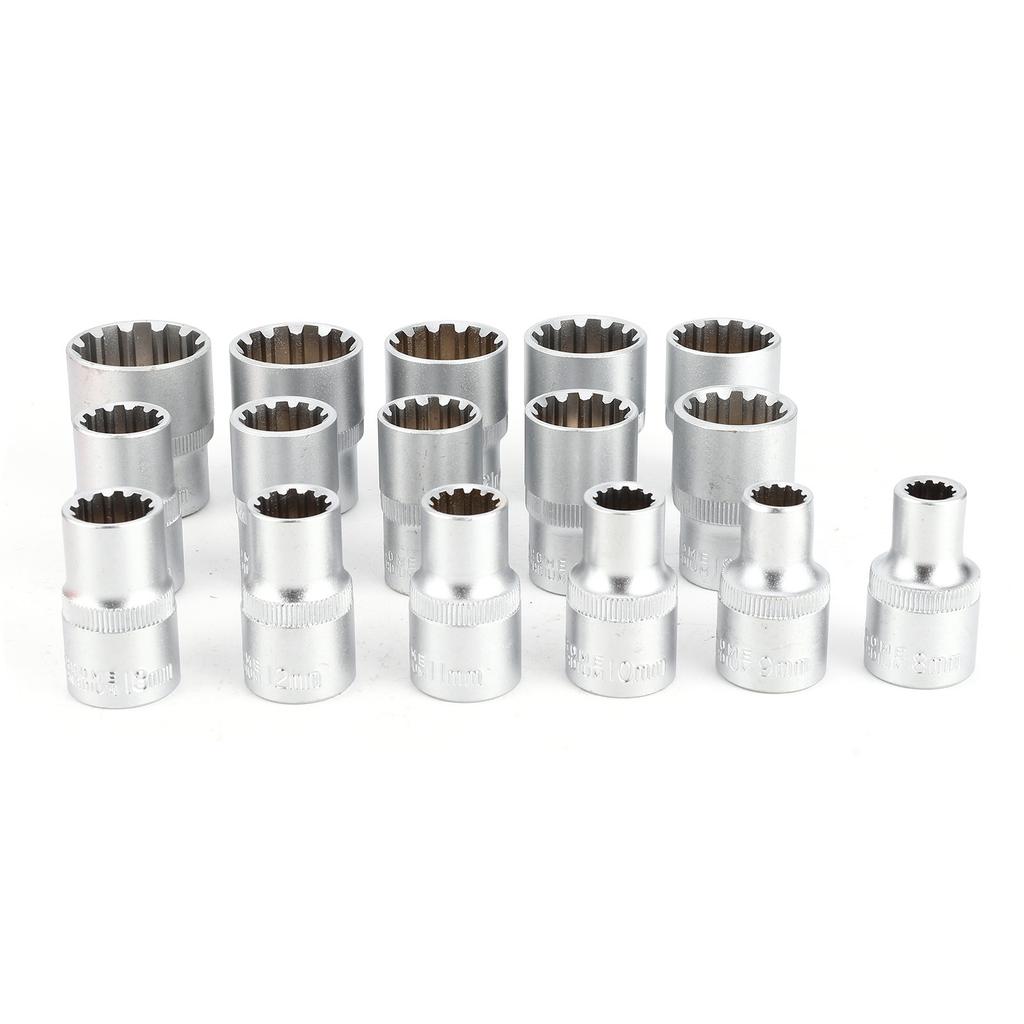 16pcs 12in DR. SAEMETRIC Spline Socket Set Mirror Nickel Finish 12?Corner Universal