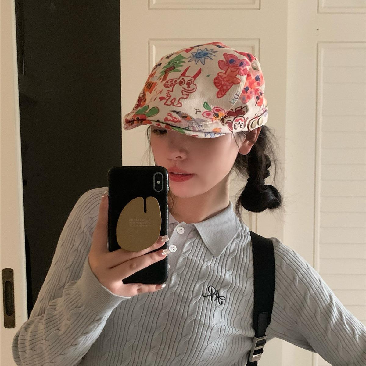 

Japanese Graffiti Retro Beret: Cute, Thin, and Versatile Painter Cap for Women - Trendy Spring/Summer Style. One Size