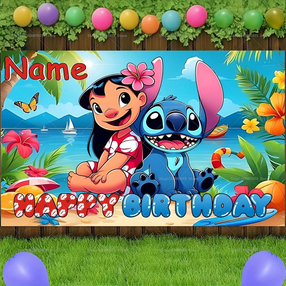 Lilo and Stitch Backgrounds for Children's Birthday Party Decoration, Tropical Flower Photo Background, Personalized Baby Shower Banner