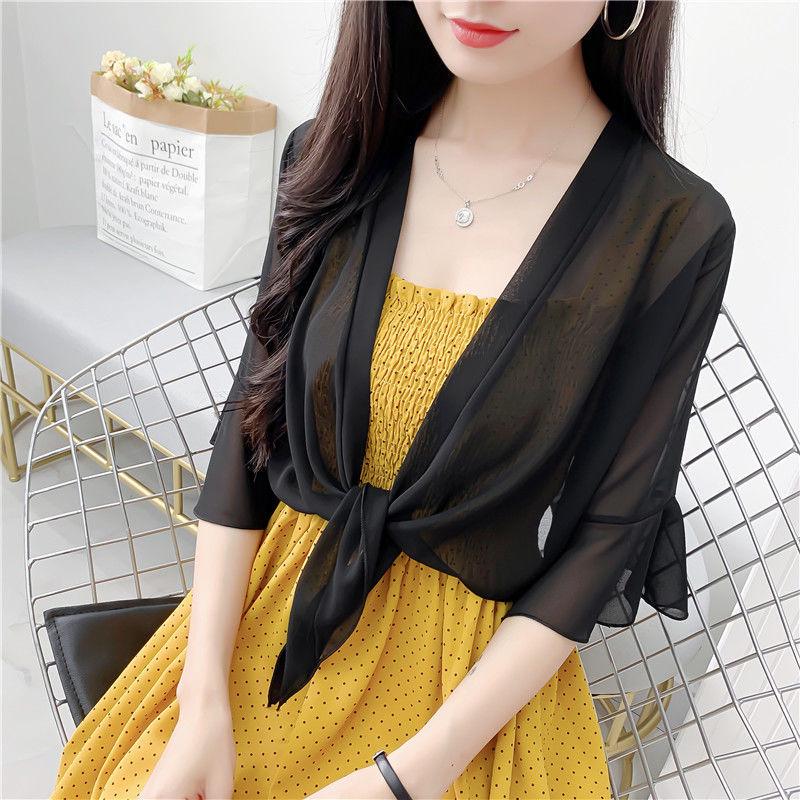 

Женская летняя шифоновая куртка - короткий кружевной кардиган для платья-комбинации, легкая шаль для защиты от солнца M (suitable for 85-110 jin) чёрный