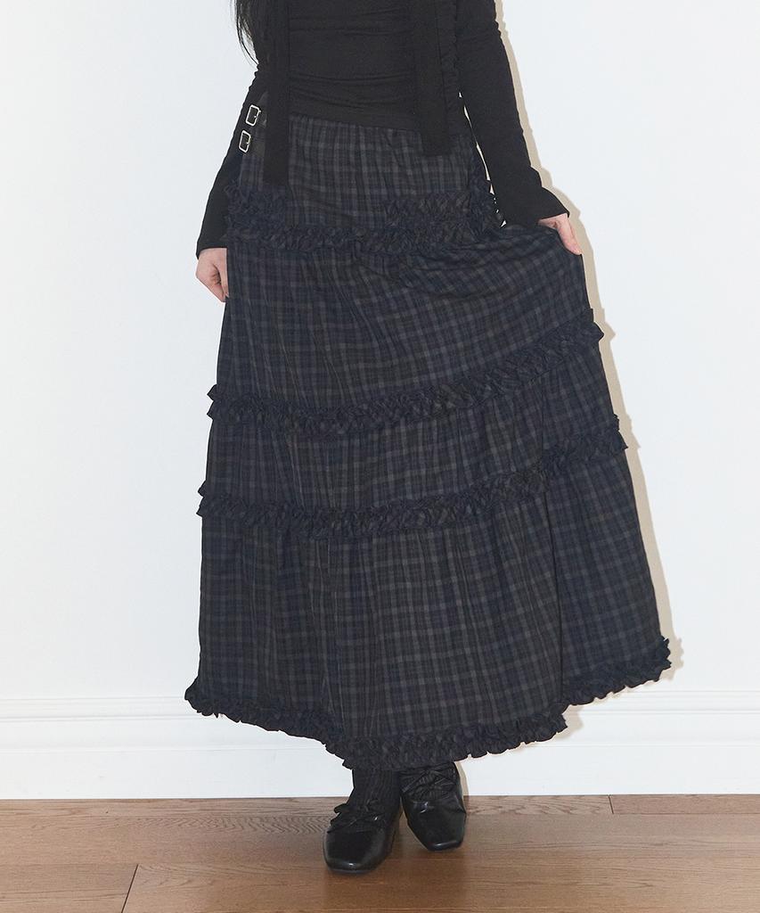 Iligo Buckle Frill Long Skirt Check Navy
