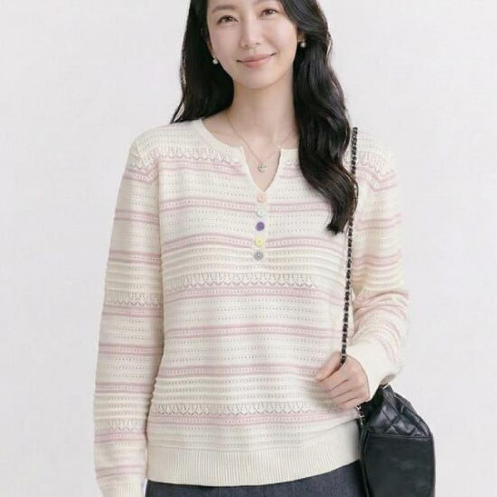 Navava Women Lovely Stripe Point Long Sleeve Knit Tee Nk3591