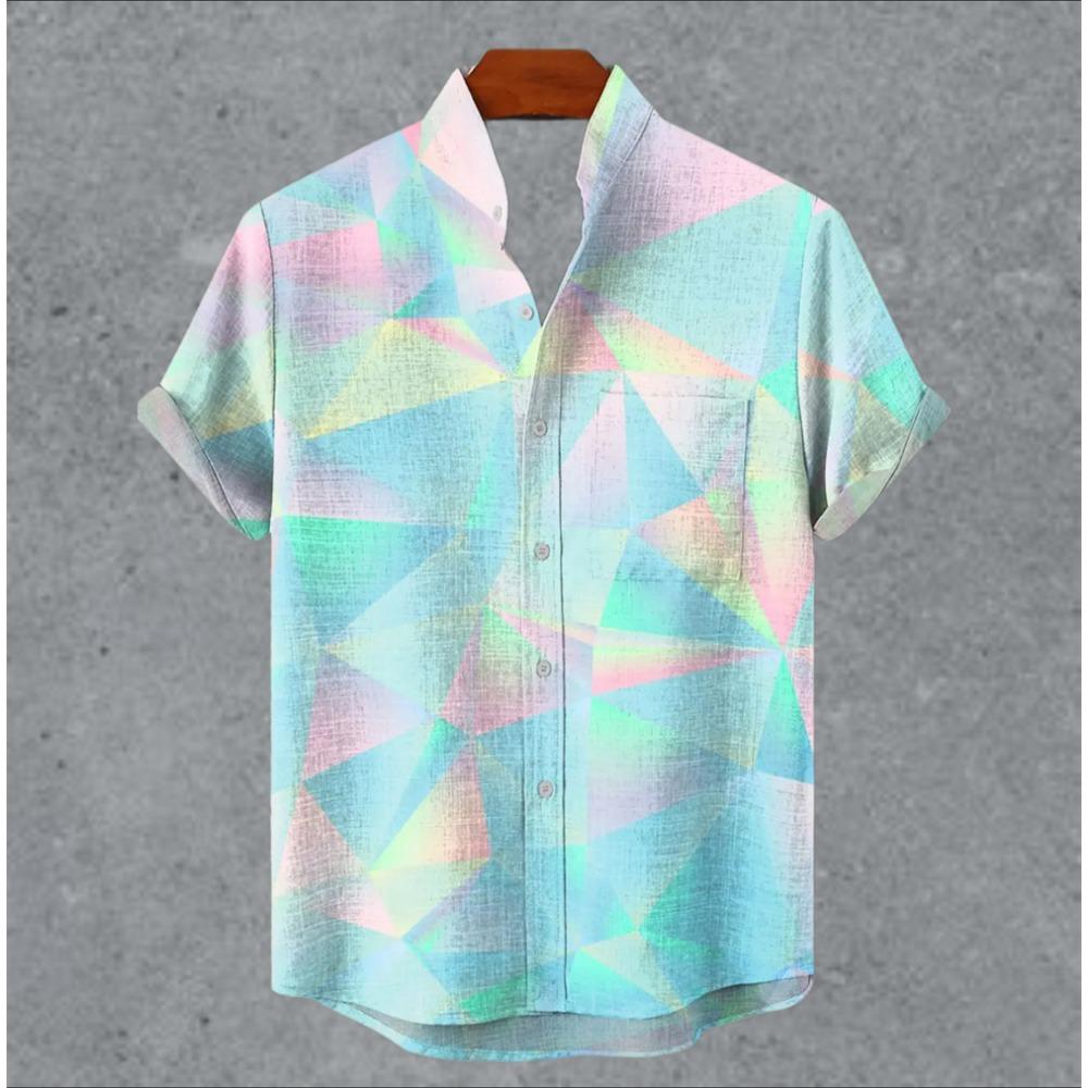 Art retro vintage men's shirt with mottled marks, standing collar printed short sleeved shirt, casual and comfortable top