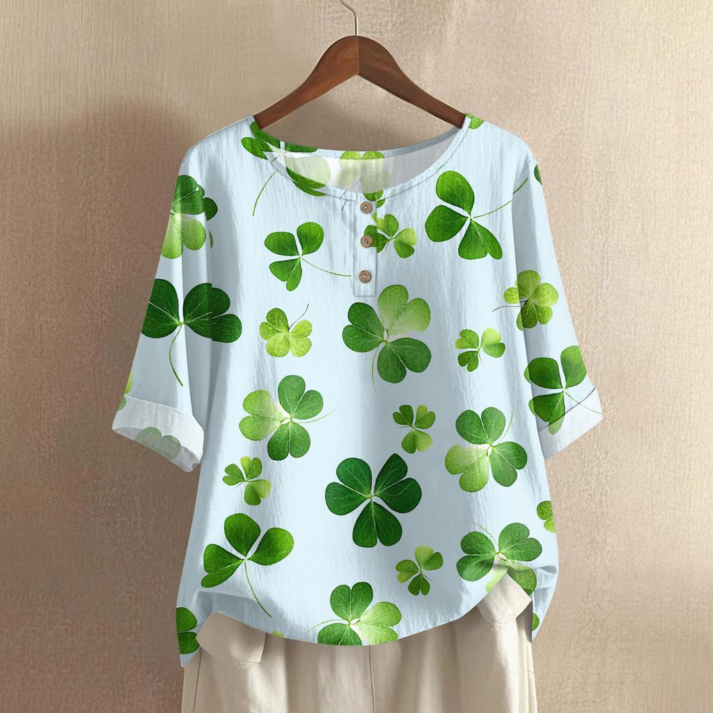 Women's Fashionable And Casual Shirt 3/4 Sleeve Round Neck Print Blouse Top