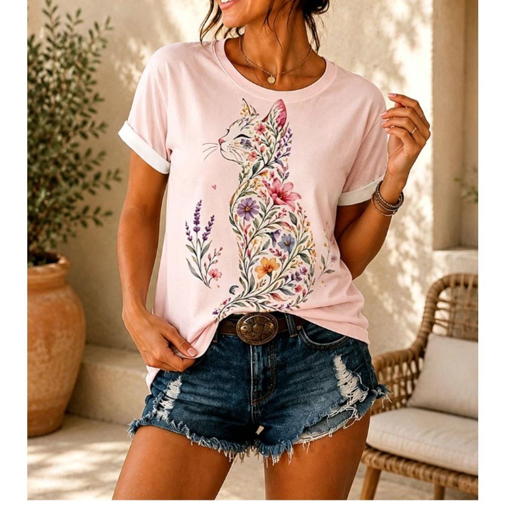 Fashion Women Retro Creative Cat Pattern Print T Shirt Funny Casual O-neck Short Sleeves T-shirt Summer Female Tee Shirt