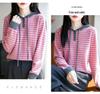Women's Casual Wool Striped Hoodie - Three-Button, Color-Block, Loose Fit for Spring/Autumn