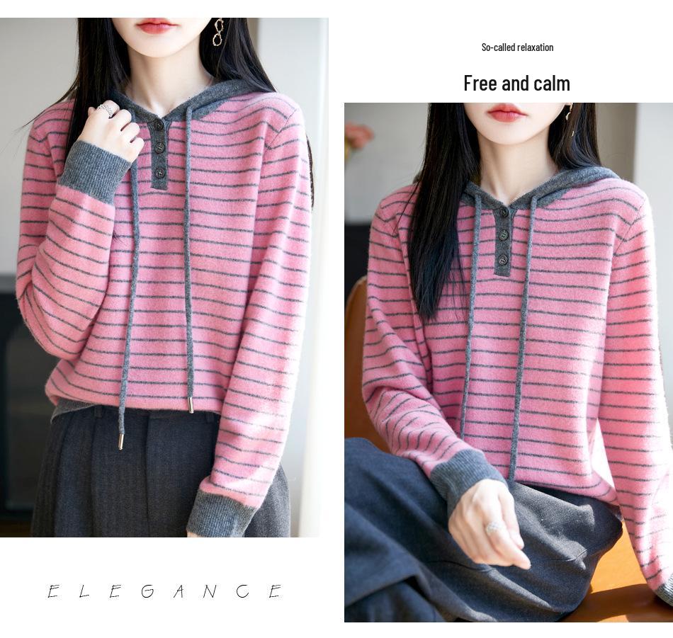 Women's Casual Wool Striped Hoodie - Three-Button, Color-Block, Loose Fit for Spring/Autumn