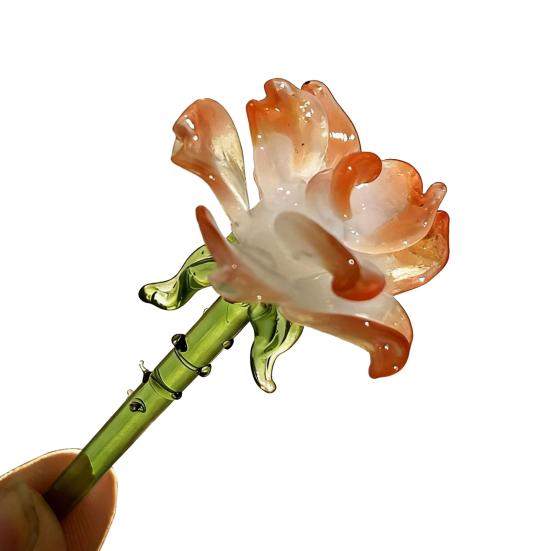 Yousheng Mini Glass Flower Figurine Handmade Faux Crystal Transparent Flower Bouquet Collectible Hand Blown Table Ornament for Mother's Day Birthday