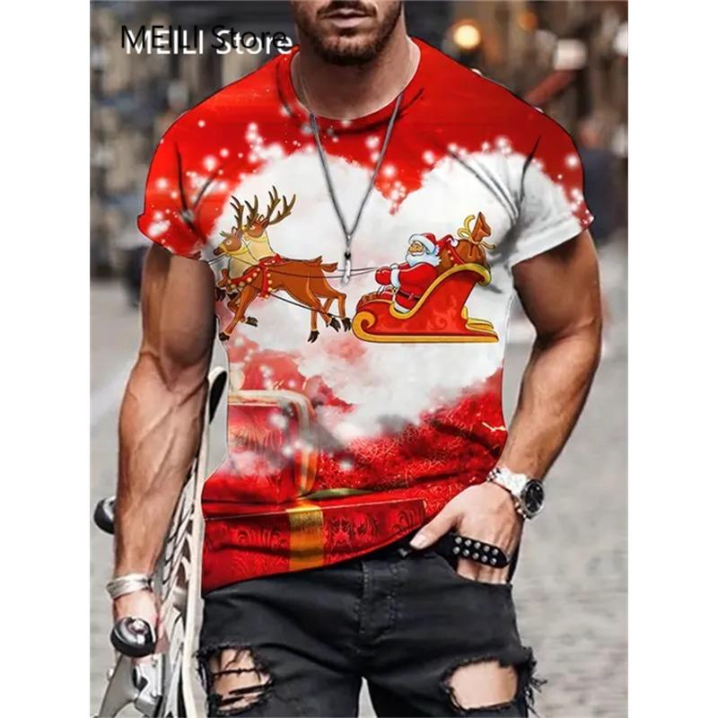 Camiseta Masculina Papai Noel Estampa Gráfica Pulôver Verão Casual Manga Curta Camiseta Engraçada Camisetas Masculinas Natal Roupa Oversized