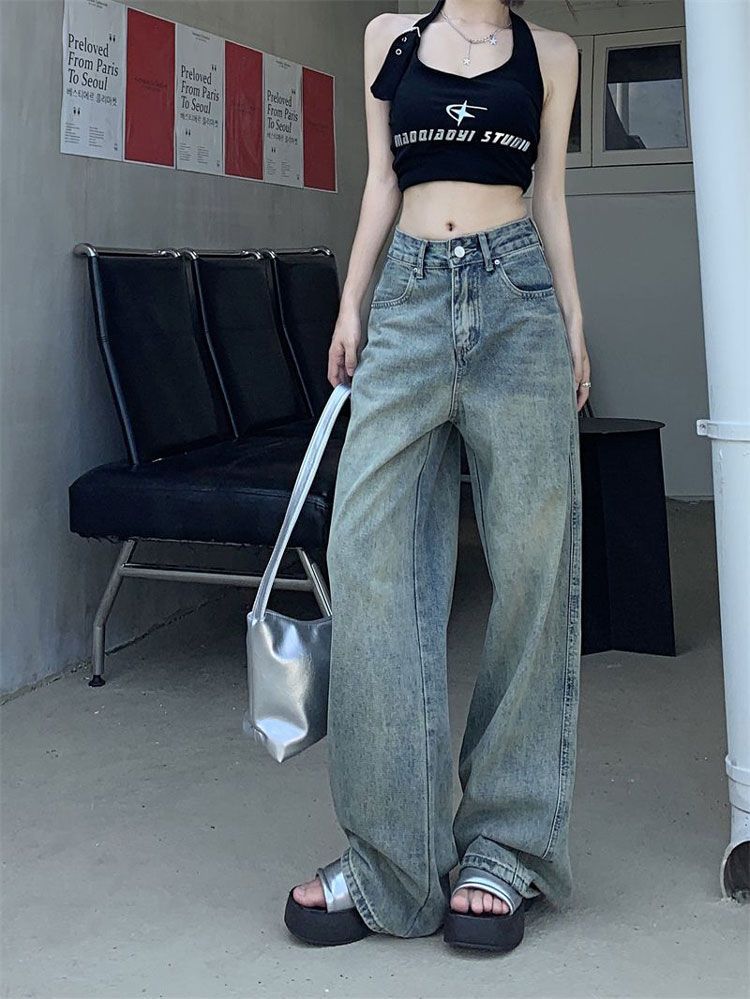 High Street Wide Leg Jeans Women's Retro Spring and Autumn Big Yards Small People Straight Drag Ground Trousers Jeans for Women Long Denim Pants