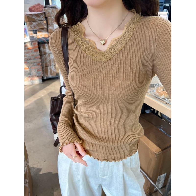 Fashion V Neck Lace Splice Knitted Bottoming Shirt Women's Elegant Casual New Slim Fitting Top Elegant Solid Color Sweet Long Sleeve Clothing