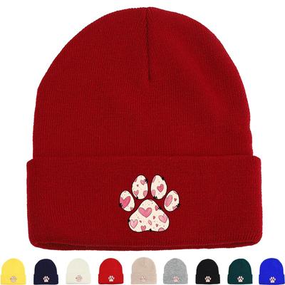Dog Cat Paw Print Heart Knit Hat Beanie, Valentine's Day "XOXO LOVE KISS", Cozy Stylish Knitted Cap Beanie