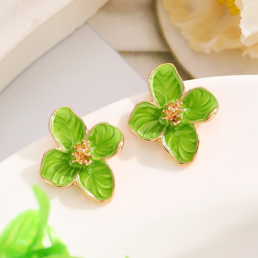 Soft Pink Enamel Flower Stud Earrings with Gold Tone Accents for Women Elegant Style