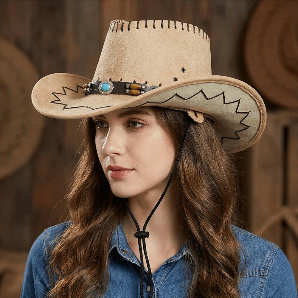 Wide Brim Fedora Hat Leather Belt Sun Hat Travel Western Cowboy Hat  Camping