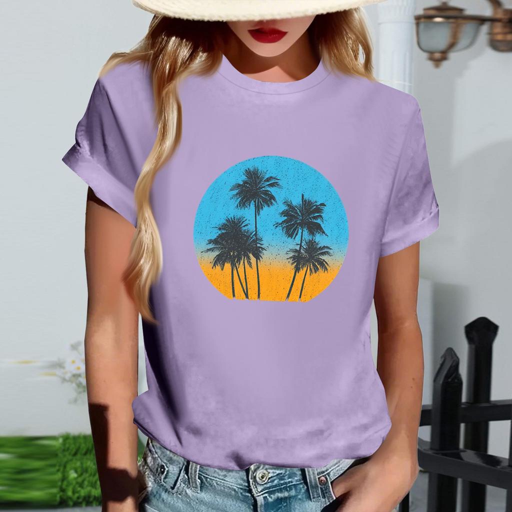 Women's Fashionable Round Neck Casual Retro Print Short Sleeved T-shirt Top