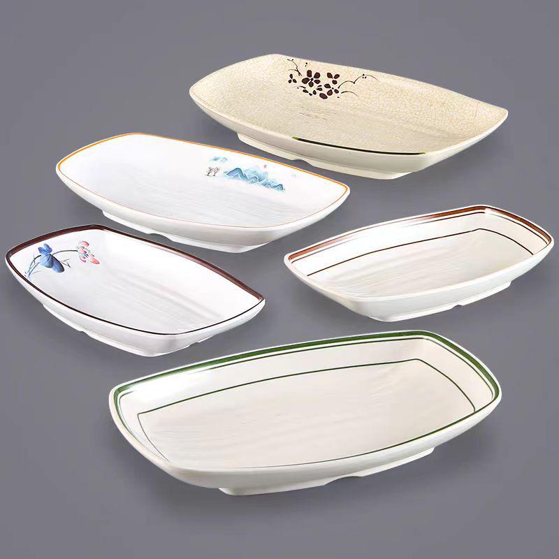 Melamine Rectangular Dinner Plate for Hot Pot, BBQ, and Cold Dishes - Porcelain-Look Restaurant Plate.