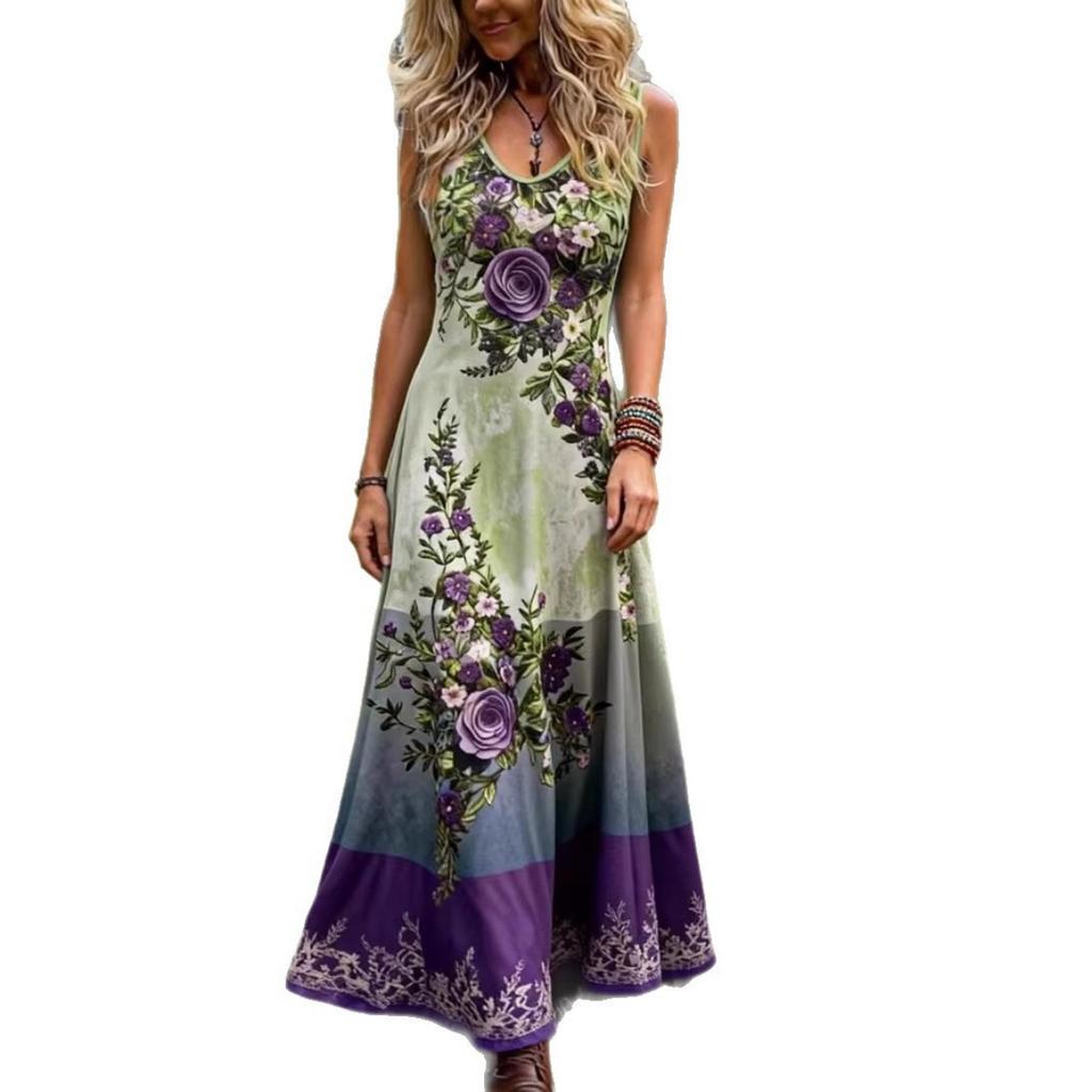 Summer New Plus Size Women's Elegant Sleeveless V-neck Print Long Dress Leisure