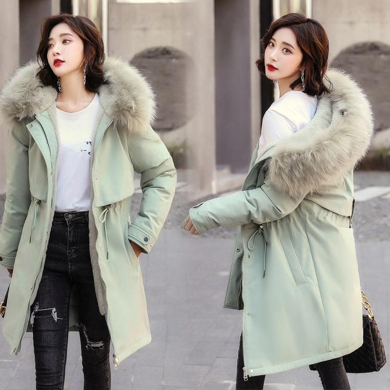 Übergröße Parker Mantel Jacke Damen Großer Pelzkragen Baumwollmantel Plus Samt Taille Warm Baumwollmantel Damen Tide