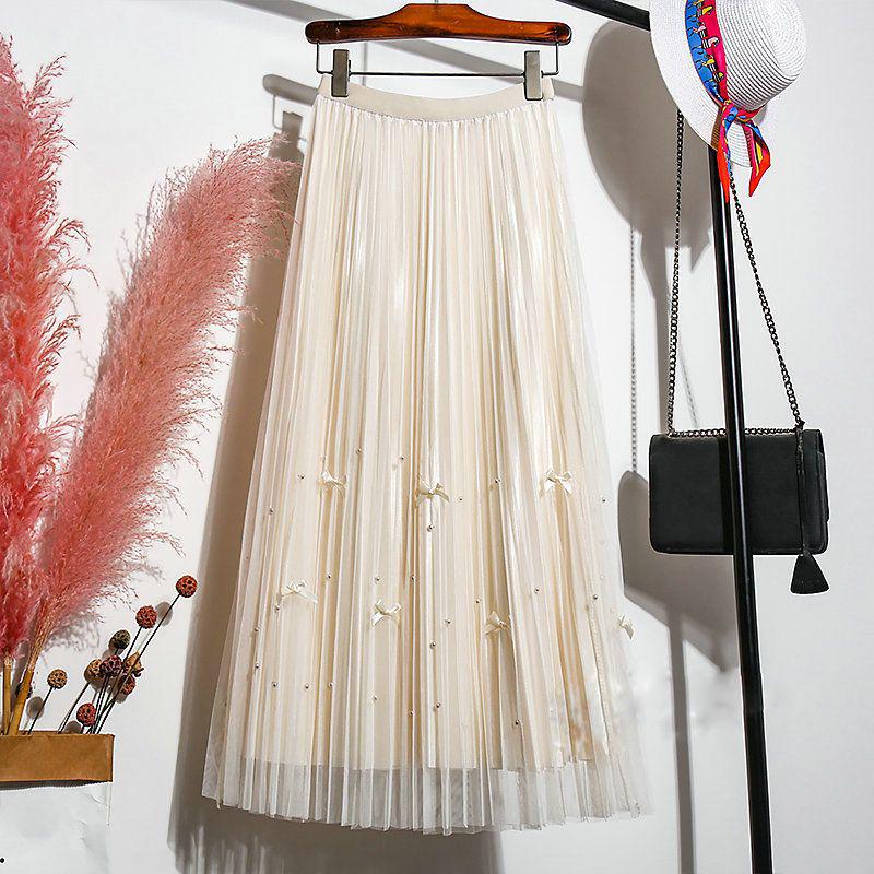 Double-Sided Mesh Beaded Pleated A-Line Bowknot Skirt - Slimming Summer 2025 Style