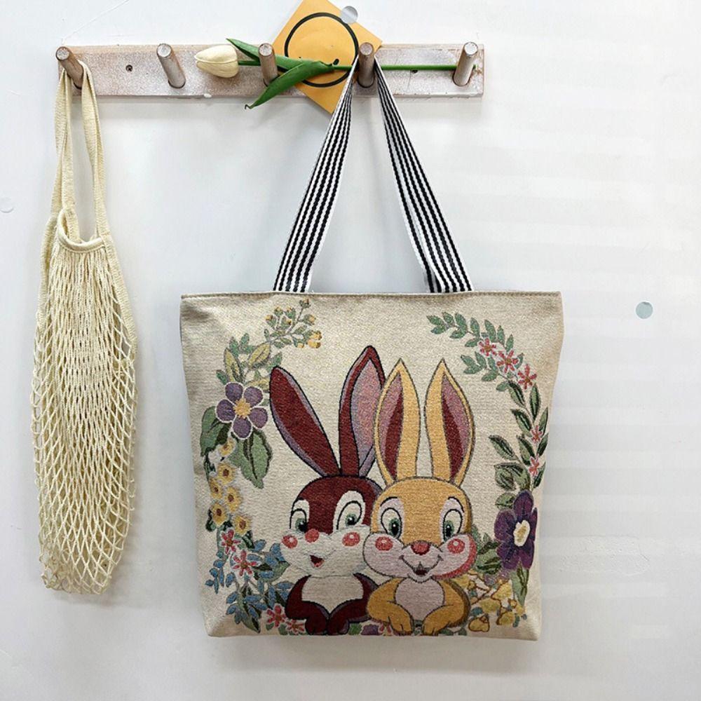 Embroidery Flower Cloth Bag Large Capacity Embroidery Tote Bag Simple Animal Shoulder Bag  Girls
