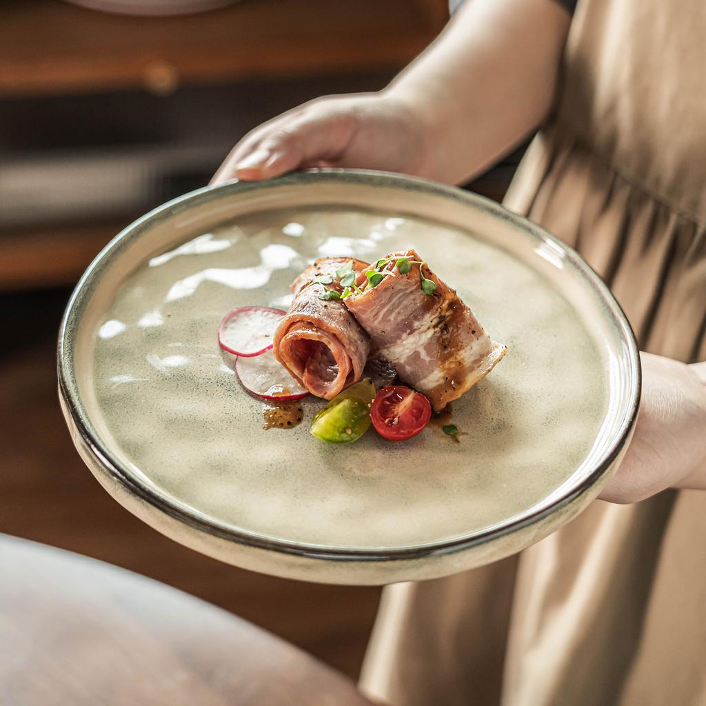 Retro Corrugated Plate, Kiln-Changed Ceramic Plate, Tableware, Household Round Plate, Japanese-Style Western Plate, Steak Plate, Plate