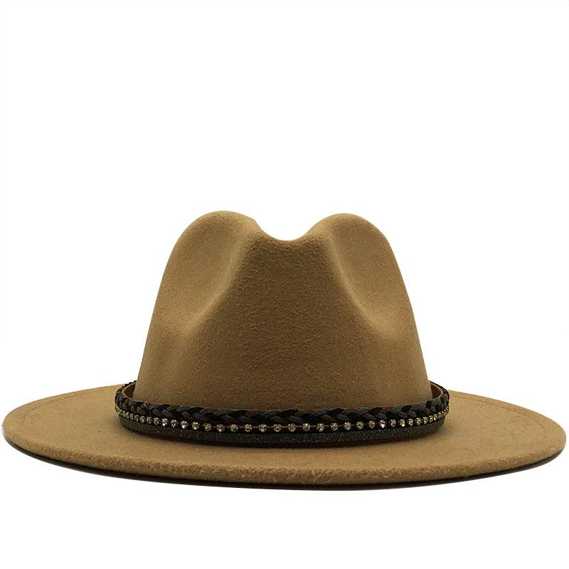 New Women Men Wool Fedora Hat With Leather Ribbon Gentleman Elegant Lady Winter Autumn Wide Brim Jazz Church Panama Sombrero Cap