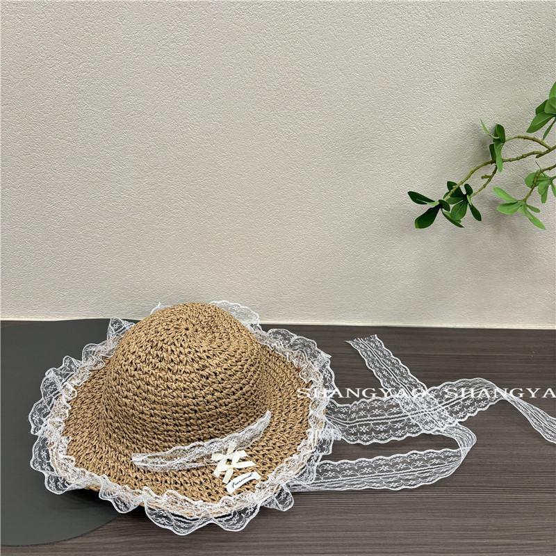 Bow lace streamer straw hat women's summer beach vacation sunshade sunscreen foldable sun hat parent-child hat