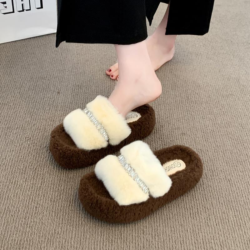 Rhinestone fluffy slippers women's fashion 2025 autumn and winter new versatile heightening plush cotton slippers