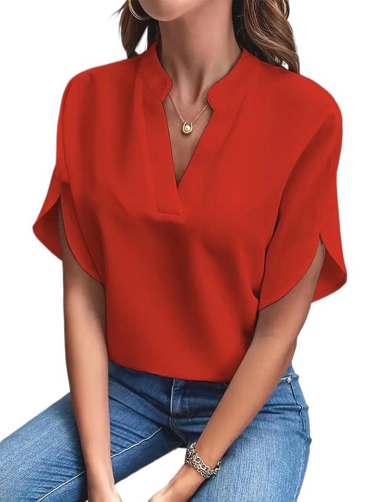 EastRogue  Women's Fashion Casual Summer Solid Color Print Short Sleeve V-Neck Blouses & Shirts
