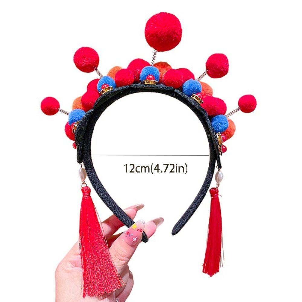 Tassel Beijing Opera Headband Pearl Tang Suit Hair Hoop Chinese New Year Headwear Girl Hair Accessories Plush Hanfu Headwear