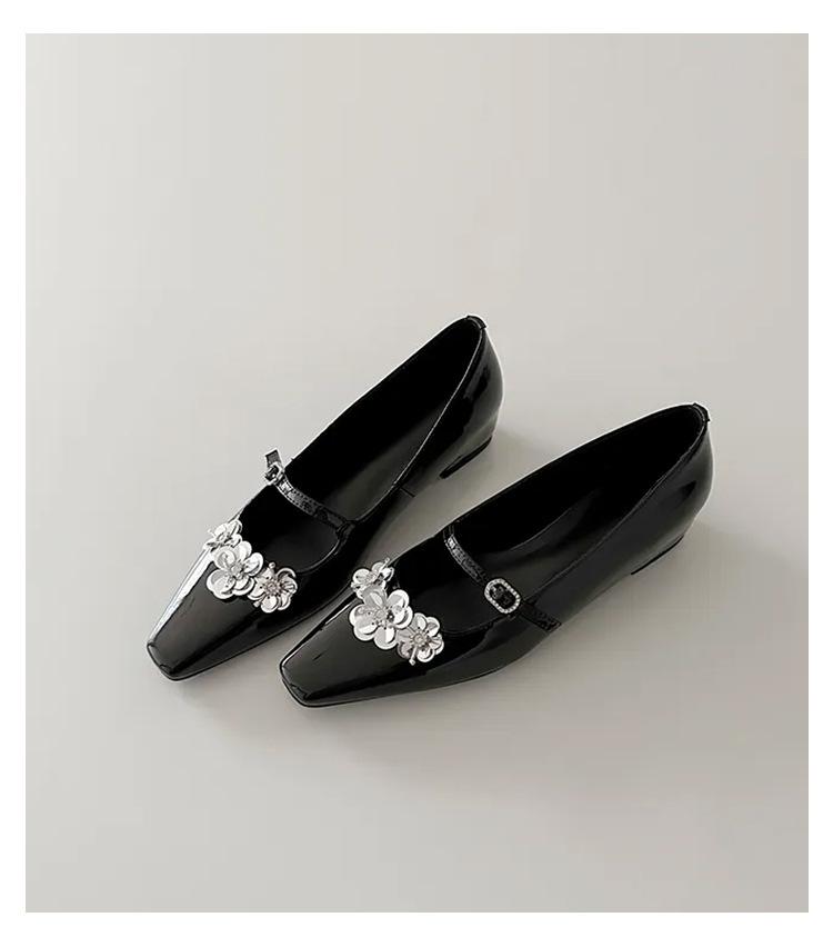 Sheepskin~ French flower silver Mary Jane shoes femininity square head light mouth with skirt inner height-increasing commuting shoes