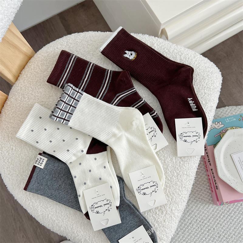 Female Spring and Autumn Sweet Cute Spot Striped Cartoon Dog In The Tube Pile Pile Cotton Socks