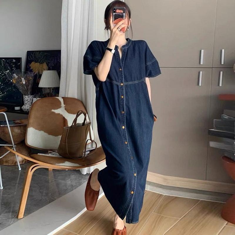 Vintage Hong Kong Style Denim Dress for Women Summer Thin Fabric High End Sense Loose Casual Straight Long Dress