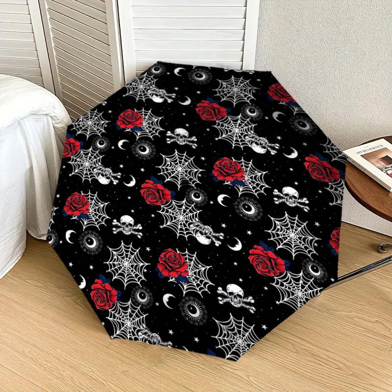 1pc Gothic Roses and Skulls Pattern Umbrella with Plastic Handle,Suitable for All Seasons Home Travel Outdoor UmbrellaDD1803