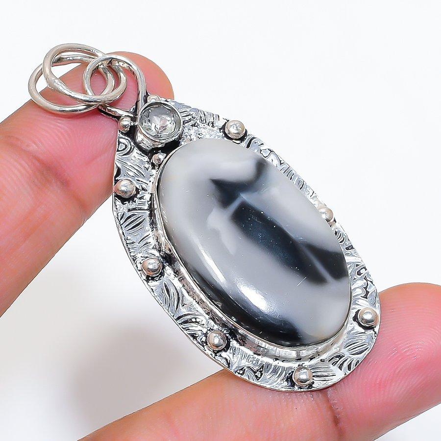 Natural Maligano Jasper, Topaz 925 Sterling Silver Jewelry Pendant 2.40" ZS-29