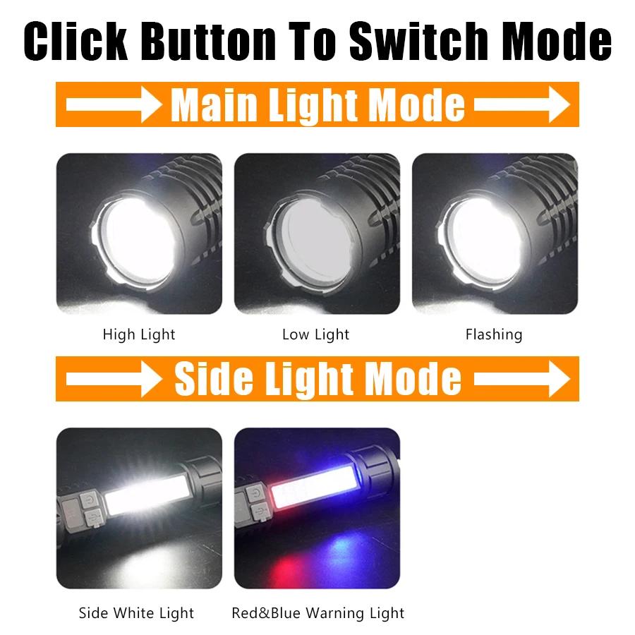 High Power LED Flashlight USB Rechargeable Light Telescopic Zoom Camping Torch with COB Side Light Multifunction Outdoor Lantern