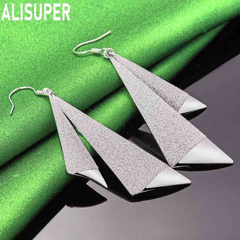 925 Sterling Silver Simple Frosted Geometric Triangle Pendant Earrings - Fashion Banquet Jewelry