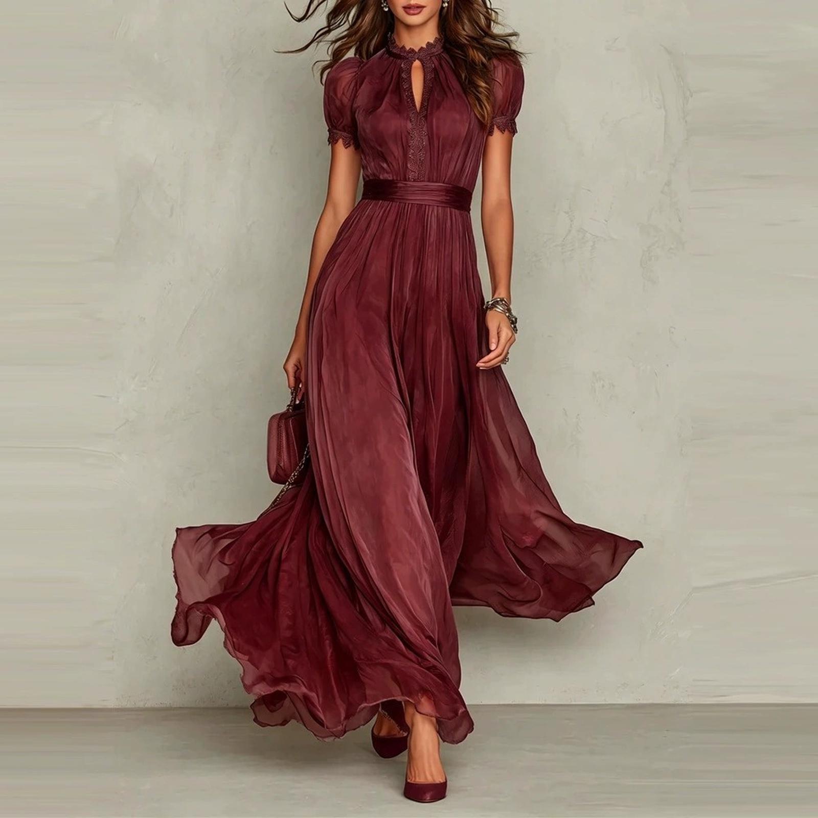 Damen Maxikleid mit hohem Kragen und Spitzenbesatz aus Chiffon, kurzen Puffärmeln, Schlüsselloch vorne und plissiertem Bund, fließendem Saum, elegantes langes Kleid XL weinrot