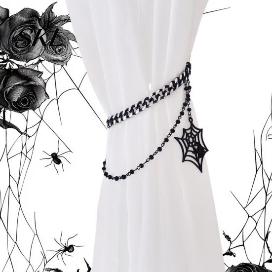 Adjustable Metal Curtain Buckles Halloween Cobweb Tieback, Chain Drapery Holder, Gothic Spider Style Room Decor Web Holder for Home Living Holiday