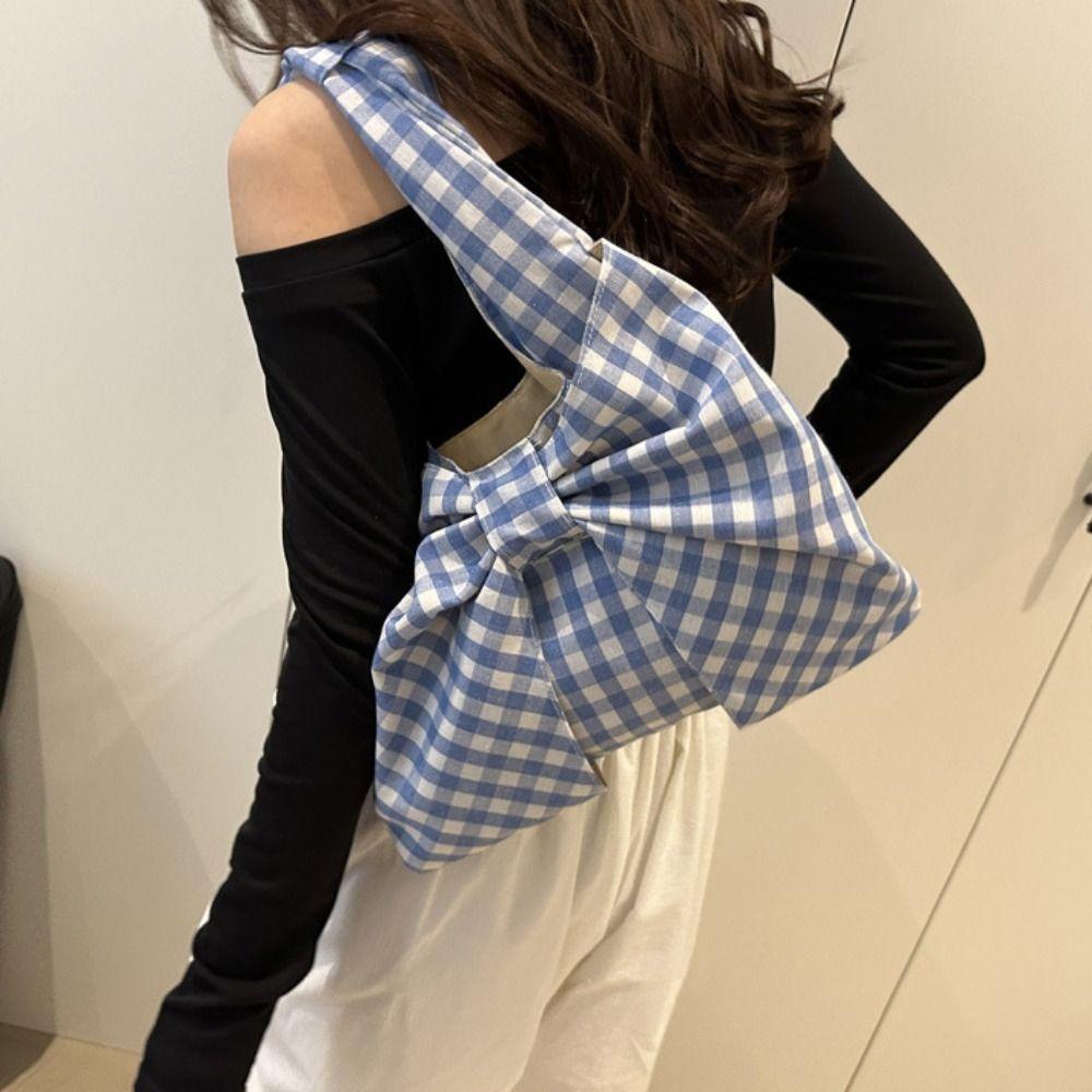 Bowknot Bow Shoulder Bag Large Capacity Plaid Tote Bag Simple Handbag Travel