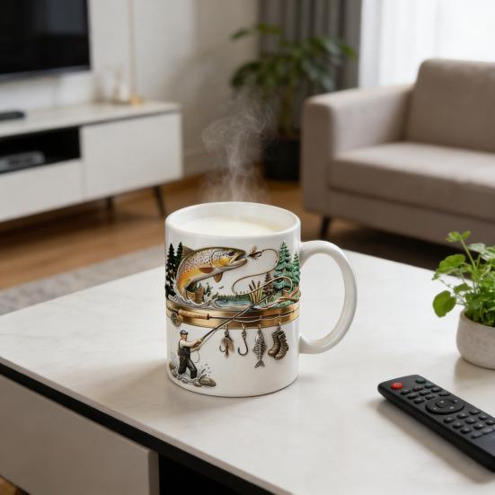 Hooked on Fishing Ceramic Mug 2D Flat Printing Tea Coffee Cup Funny Gifts for Men Dad Husband Fishing Sailing Lovers