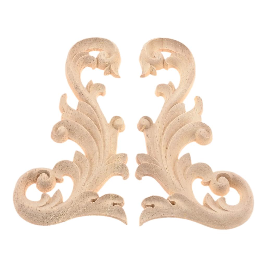 2Pcs Floral Wood Applique Corner Onlay DIY Wooden Carved Corner Furniture Wall Fireplace Decorative Unpainted Wood Carving Decal