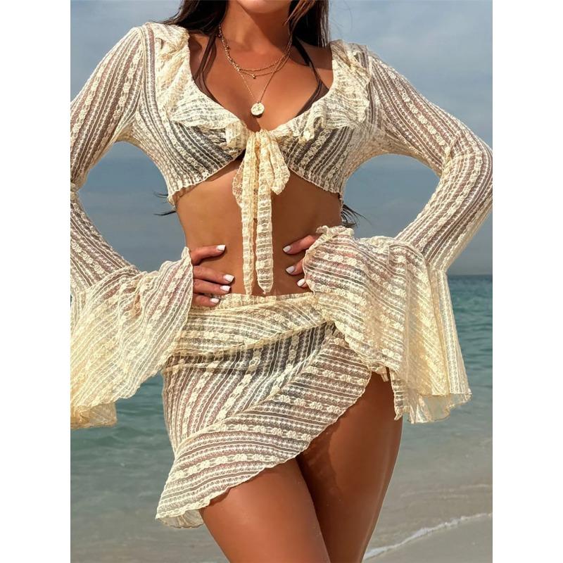 4PCS Halter With Sarong Long Sleeve Bikini Female Swimsuit Women Swimwear Four-pieces Bikini Set Bather Bathing Suit Swim V6338B