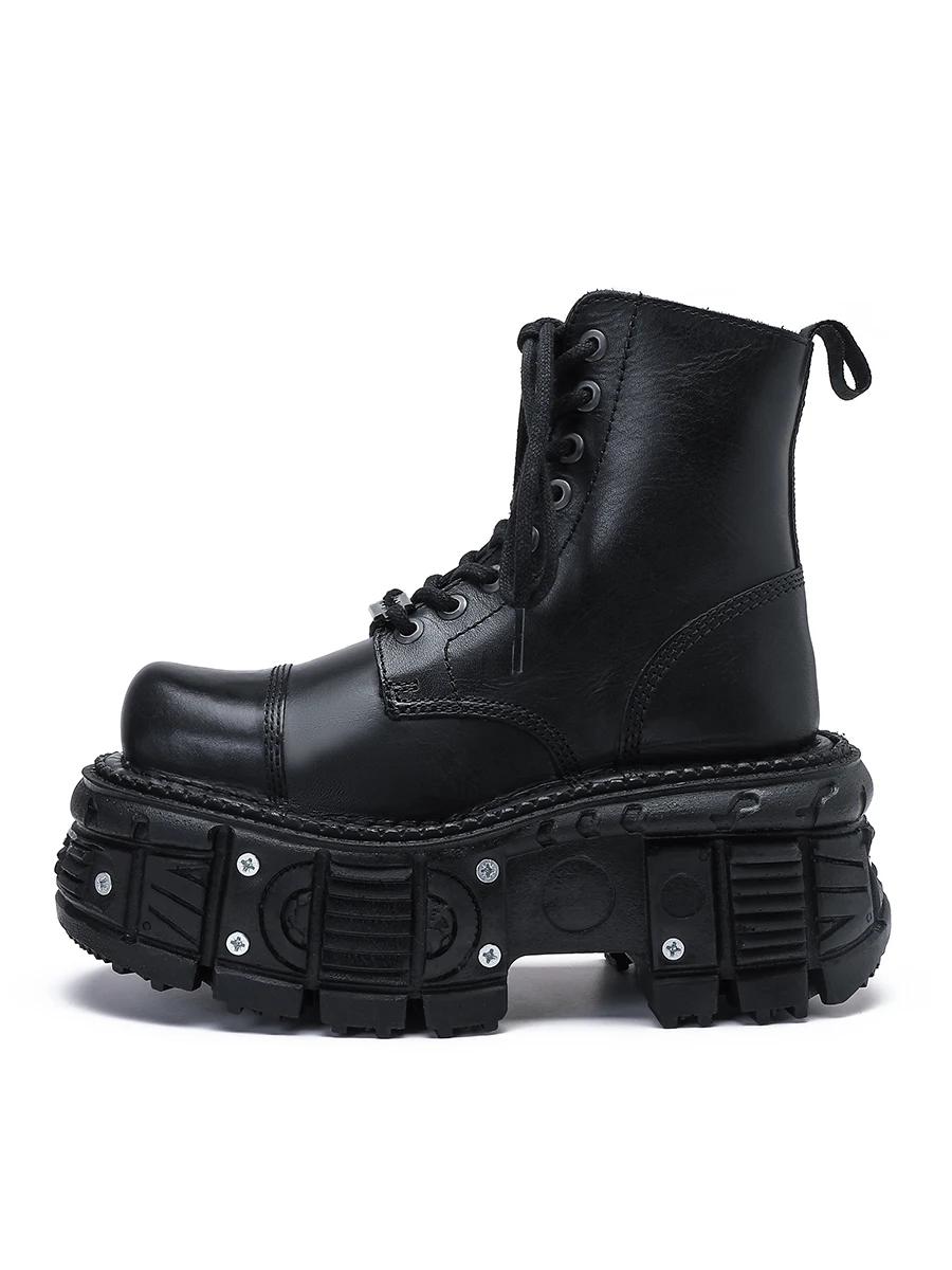 

Hot Sale Metal Height Increasing Mid Calf Leather Boots Black All-match Design Boots Round Toe Thick Sole Cross Tied Shoes Punk 45 чёрный