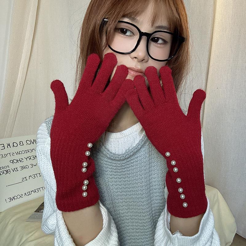 Korean Style Autumn/Winter Pearl Fingerless Touchscreen Wool Gloves for Women